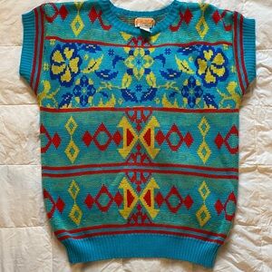Jump  By Eve Roth Turquoise Knit sweater with Geometric & Floral Motifs